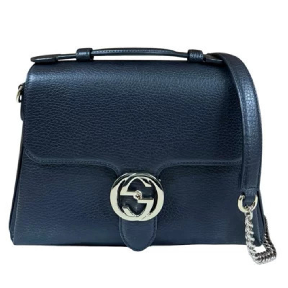 Gucci Interlocking G Shoulder Bag Leather Black Chain